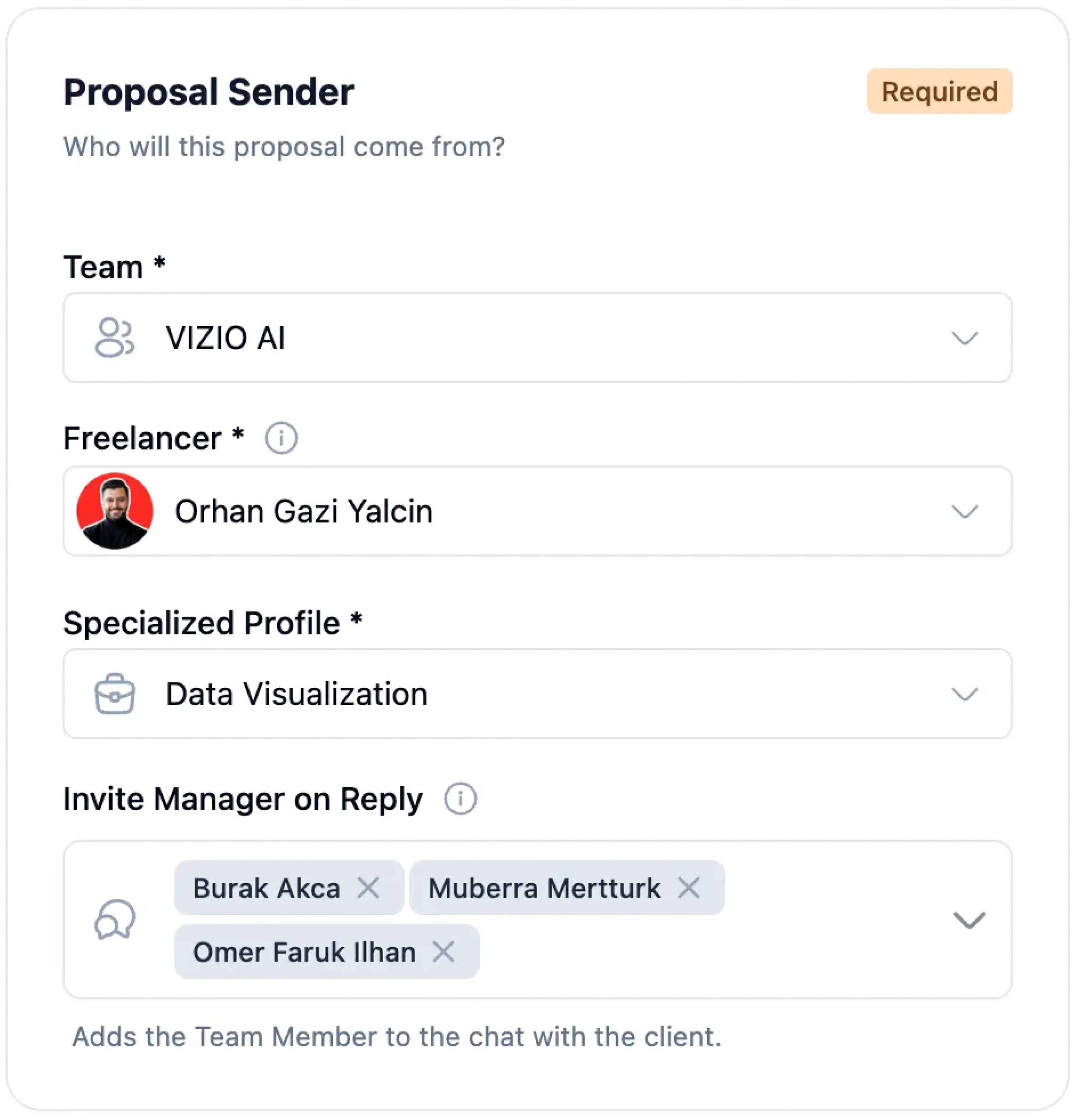 Team member selection interface for automatic manager invitations. 