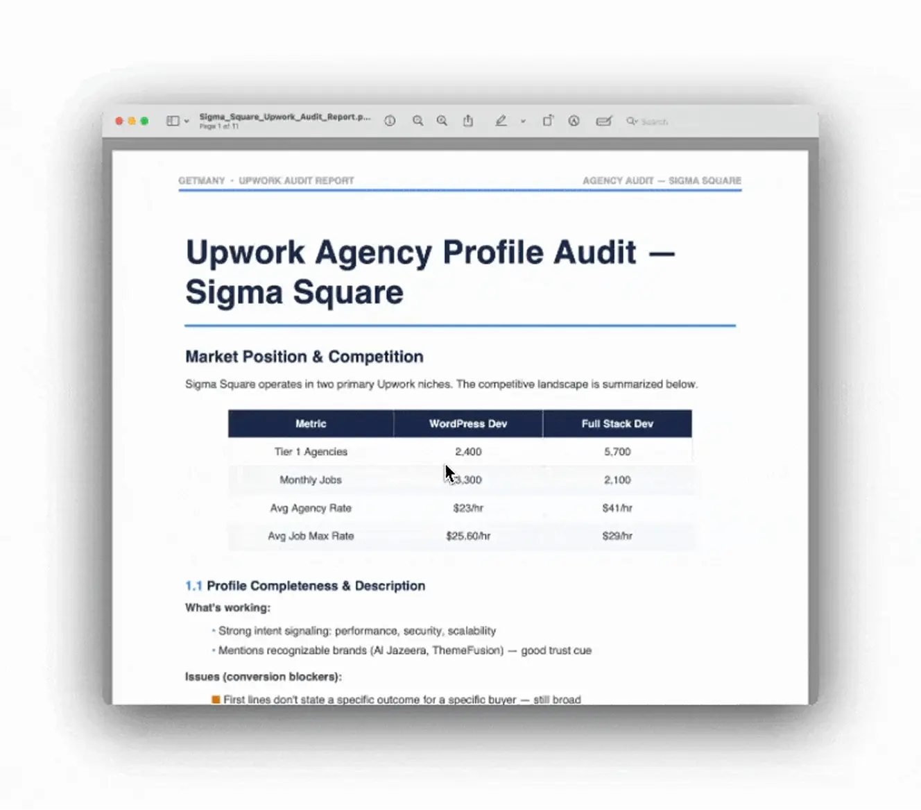 Upwork agency profile audit prepared by Getmany for Sigma Square
